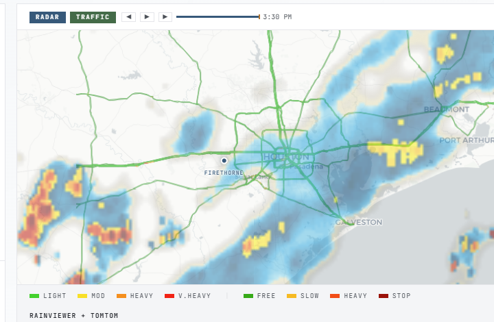 Real radar capture from the live Firethorne edition — storm cells over the Houston metro with the neighborhood labeled